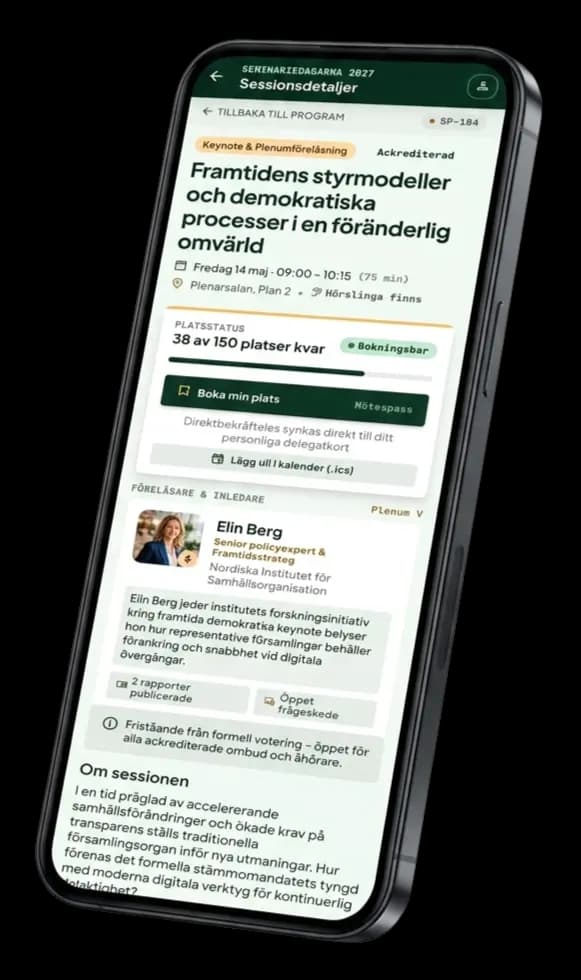 Meeting Spyders mobilvy visar information om ett eventpass, tid och plats.