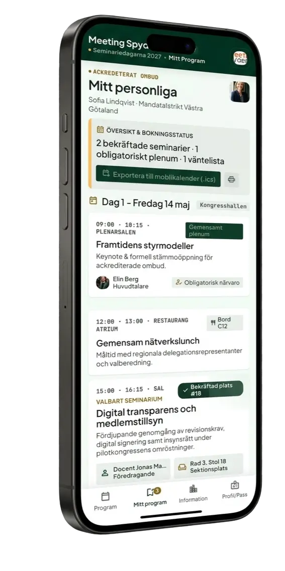 Meeting Spyders mobilvy visar deltagarens personliga eventprogram och aktiviteter.