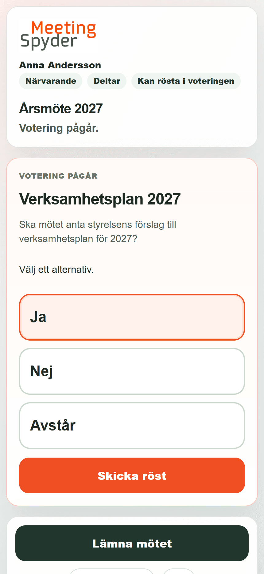 Mobilskärm med en omröstningsfråga och tre svarsalternativ.